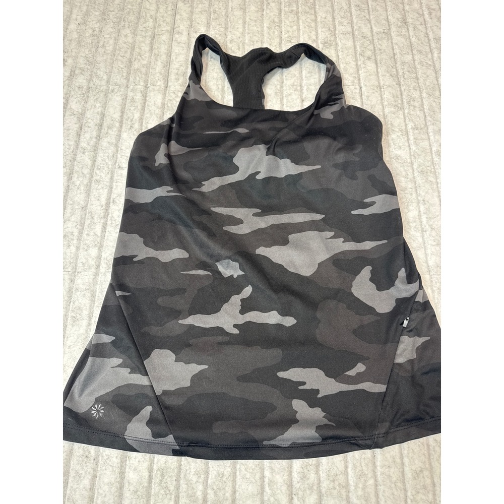 Athleta Womens Camo Racerback Tank Top Grey Black Small Built-in Bra Side Pocket